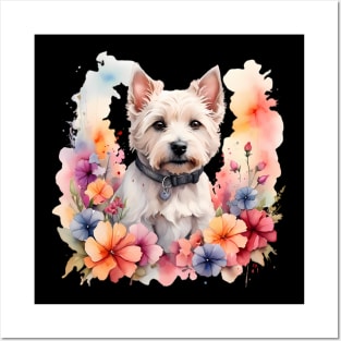 A west highland white terrier decorated with beautiful watercolor flowers Posters and Art